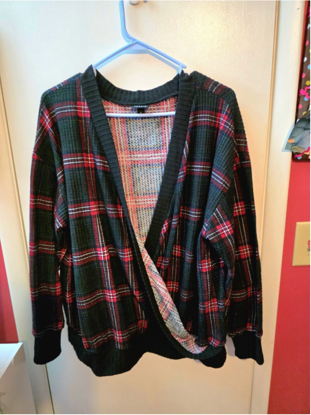 Torrid Size 2X Plaid Surplice Long Sleeve Red Black Waffle Top Blouse
